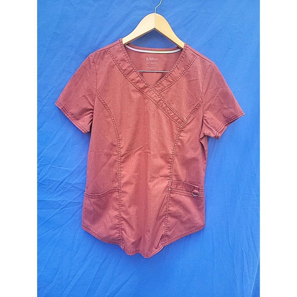 scrubstar ultimate scrub top medium rusty orange w/ pockets mock wrap neck‎ fall